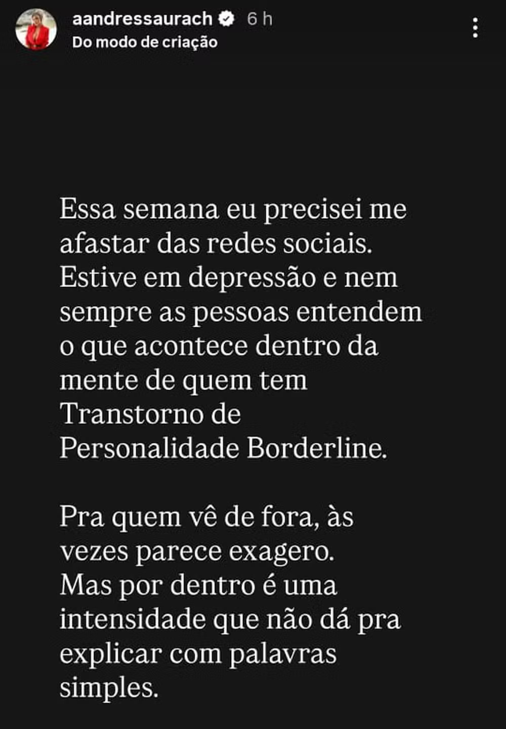 Andressa Urach revela surto e 5 dias de cama por Borderline