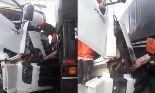 
				
					Motorista fica preso em ferragens após batida entre carretas
				
				