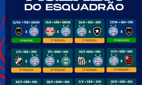
				
					CBF divulga datas dos 10 primeiros jogos do Bahia na Série A
				
				