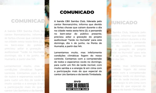 
				
					CBX Samba Club adia gravação do “Tarde no Humaitá” para domingo (4)
				
				