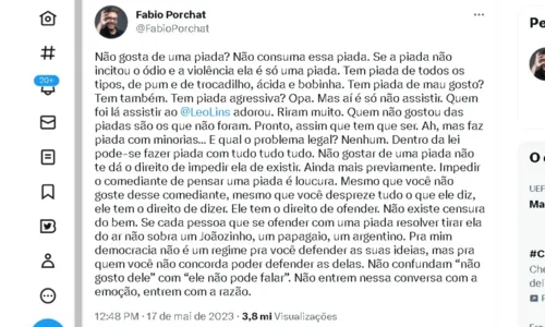 
				
					Fábio Porchat é criticado por defender Léo Lins e rebate: 'Só piada'
				
				