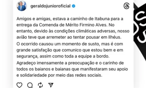 
				
					Avião com vice-governador da Bahia faz manobra de segurança em Ilhéus
				
				