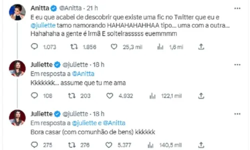 
				
					Juliette faz proposta a Anitta após rumores de namoro: 'Bora casar'
				
				