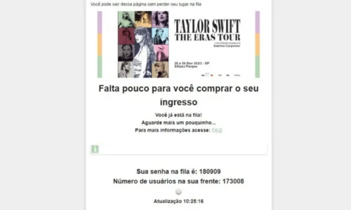 
				
					Mais de 100 mil pessoas disputam ingressos para shows de Taylor Swift
				
				