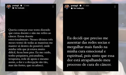 
				
					Preta Gil anuncia saída das redes sociais após polêmicas: 'Eu adoeci'
				
				