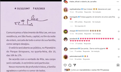 
				
					Famosos e personalidades se despedem de Rita Lee
				
				