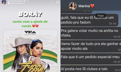 
				
					Ana Castela e Marina Sena fazem campanha para Anitta levar VMA
				
				