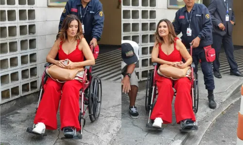 
				
					Com pé fraturado, Fátima Bernardes chega ao Projac de cadeira de rodas
				
				