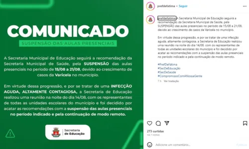 
				
					Prefeitura baiana suspende atividades escolares por surto de catapora
				
				