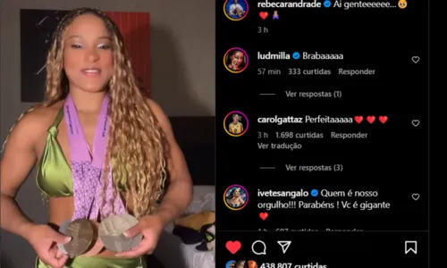 
				
					Rebeca Andrade exibe medalhas do Mundial: 'Concorrência me desculpe'
				
				