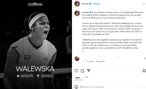 
				
					Campeã olímpica de vôlei, Walewska Oliveira morre aos 43 anos
				
				