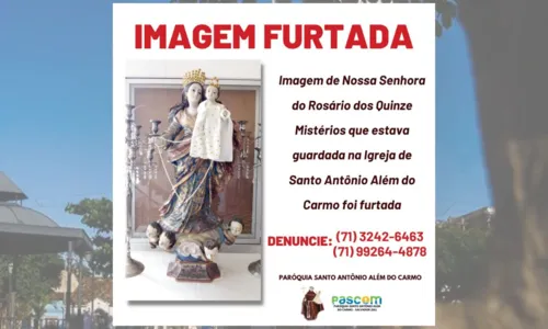 
				
					Imagem do século 19 é furtada da Igreja do Santo Antônio Além do Carmo
				
				