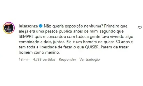 
				
					'Parem de tratar homem como menino', dispara Luísa Sonza sobre Chico
				
				