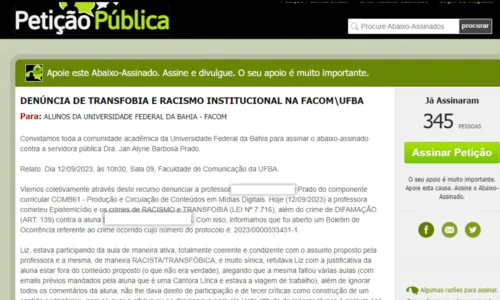 
				
					Polícia investiga denúncia contra professora da UFBA por transfobia
				
				