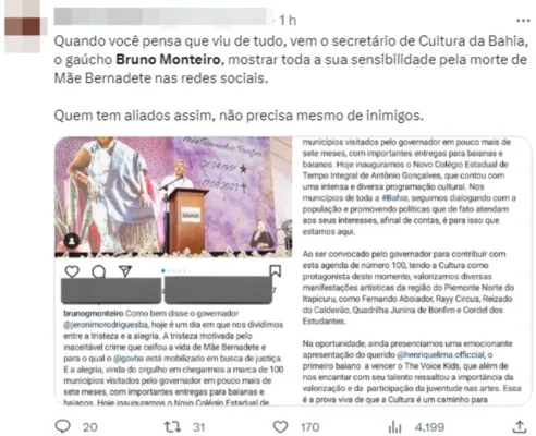 
				
					Secretário de Cultura da BA apaga post com Mãe Bernadete após críticas
				
				