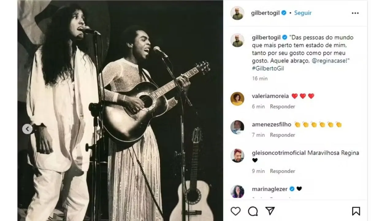 Gilberto Gil homenageou a Regina Casé através do Instagram