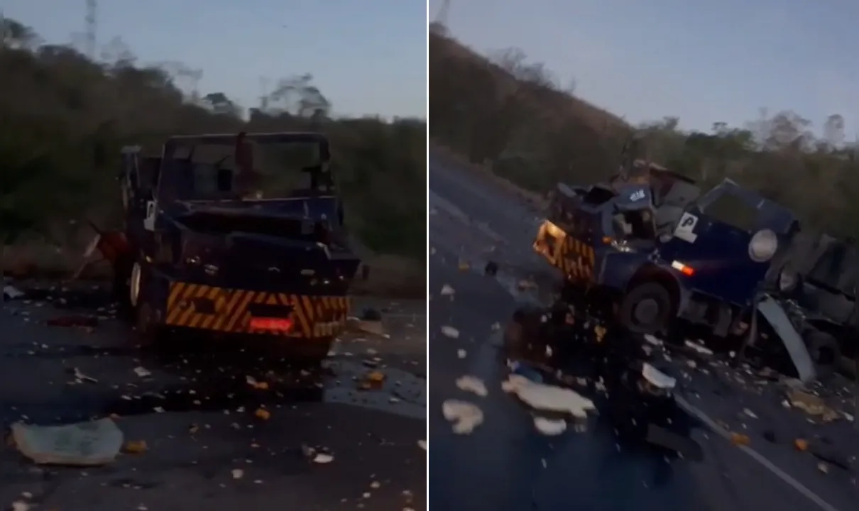 Carro forte ficou destruído após tentativa de assalto na Bahia