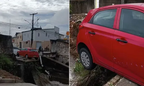  				 					Pai salva esposa e filho de alagamento em Feira de Santana 				 				