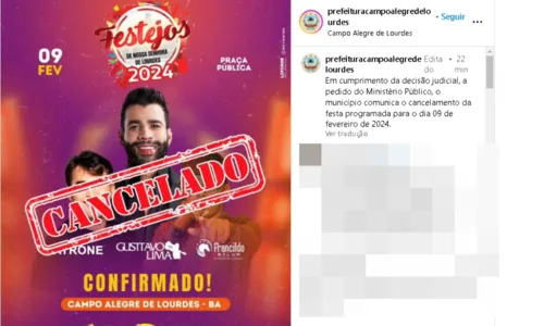 
				
					Prefeitura cancela festa após decisão contra show de Gusttavo Lima
				
				