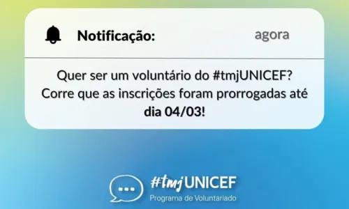 
				
					Unicef prorroga as inscrições para voluntariado online até segunda (4)
				
				
