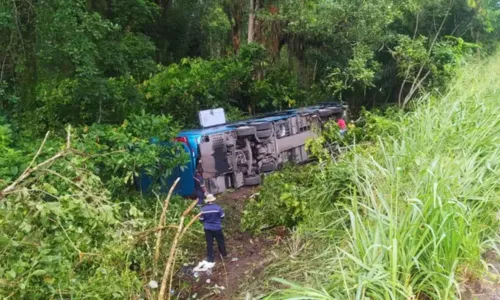 
				
					Acidente deixa 13 pessoas feridas após ônibus tombar em rodovia na BA
				
				