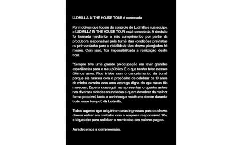 
				
					Após Ivete Sangalo, Ludmilla cancela turnê e culpa produtora
				
				