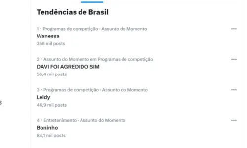 
				
					'Davi foi agredido sim' lidera trends após expulsão de Wanessa do BBB
				
				