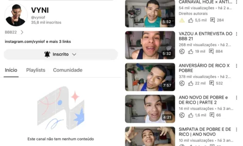 
				
					Ex-BBB Vyni apaga vídeos em canal no Youtube após ataques virtuais
				
				