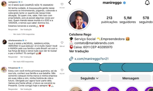 
				
					Famosos comentam em postagem de Mani Reggo: 'Estamos torcendo'
				
				