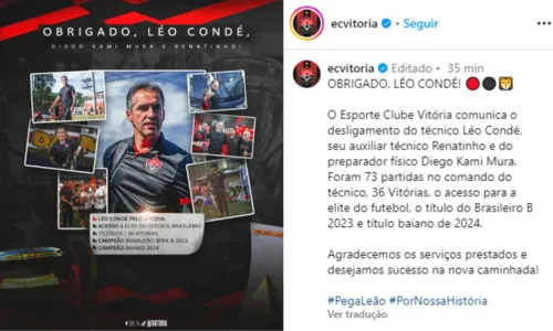 
				
					Técnico Léo Condé é demitido do Vitória após derrotas na Série A
				
				