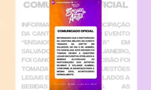 
				
					Melody não participará do show de Anitta em Salvador; entenda
				
				