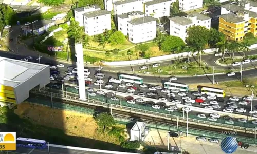 
				
					Rodoviário atravessa ônibus em viaduto e trava trânsito
				
				