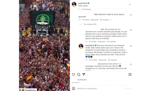 
				
					Saulo pede desculpa a folião após fala sobre carnaval gourmet na folia
				
				