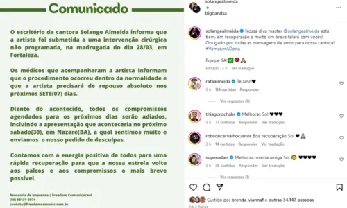 
				
					Solange Almeida passa por cirurgia às pressas e cancela agenda
				
				