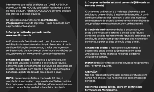 
				
					Veja regras de reembolso dos shows cancelados de Ivete e Ludmilla
				
				