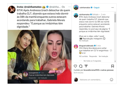 
				
					Andressa Urach é detonada por influenciadora após debochar de CLTs
				
				