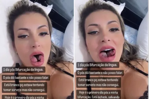 
				
					Andressa Urach sobre 'língua de cobra': 'Não cabe dentro da boca'
				
				