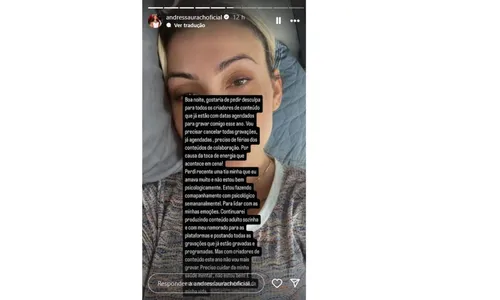 
				
					Andressa Urach pausa gravação de conteúdo adulto: 'Não estou bem'
				
				