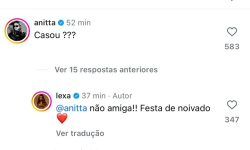 
				
					Anitta se surpreende com noivado de Lexa e ganha resposta 'sincerona'
				
				