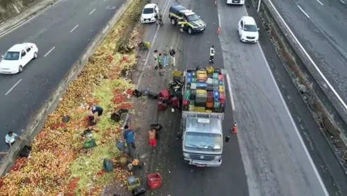 
				
					Caminhão carregado de frutas tomba e deixa trânsito lento na BR-324
				
				