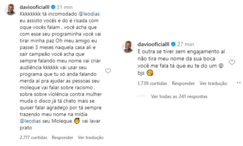 
				
					Davi, do 'BBB 24', detona Leo Dias após receber críticas em programa
				
				