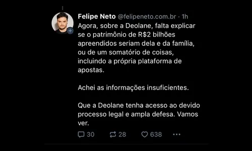 
				
					Felipe Neto defende Deolane após prisão: 'Tenho experiência'
				
				