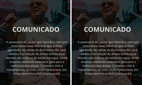 
				
					Igor Kannário cancela show gratuito na Bahia após problema de saúde
				
				