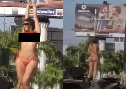 
				
					Influencer viraliza após fazer topless em tanque de guerra no Equador
				
				