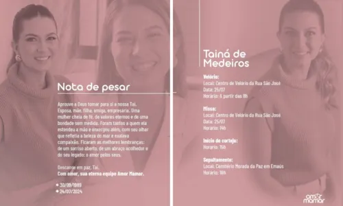 
				
					Influenciadora Tainá Medeiros morre aos 34 anos
				
				