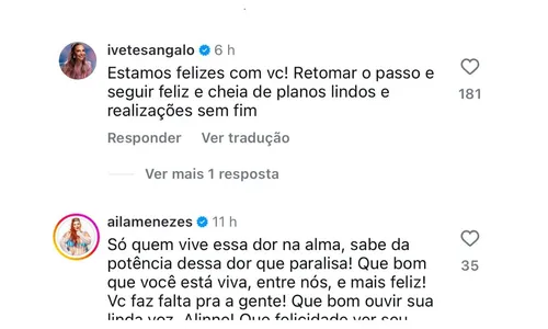 
				
					Ivete Sangalo apoia Alinne Rosa após desabafo sobre depressão
				
				