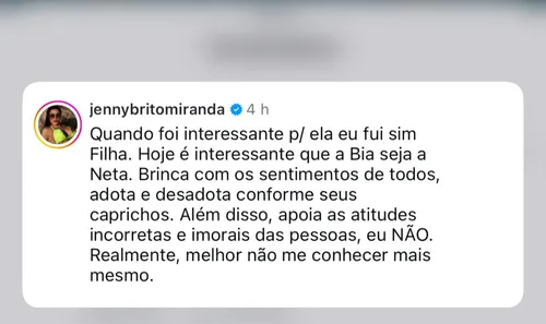 
				
					Jenny Miranda se revolta após Gretchen apoiar Bia: 'Adota e desadota'
				
				