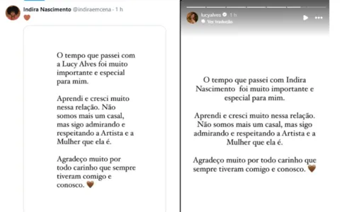 
				
					Lucy Alves e Indira Nascimento anunciam término de namoro
				
				