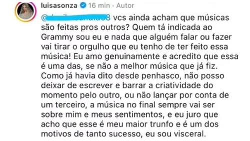 
				
					Luísa Sonza detona internauta após nova polêmica envolvendo Chico
				
				