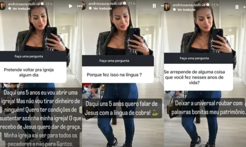 
				
					Pastora com língua de cobra? Andressa Urach anuncia novo projeto
				
				